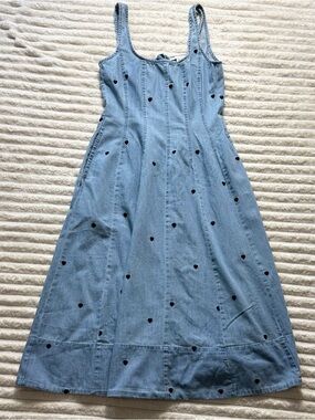 Free Assembly Blue Denim Midi Dress Heart Embroidered Sleeveless Square Neck XS